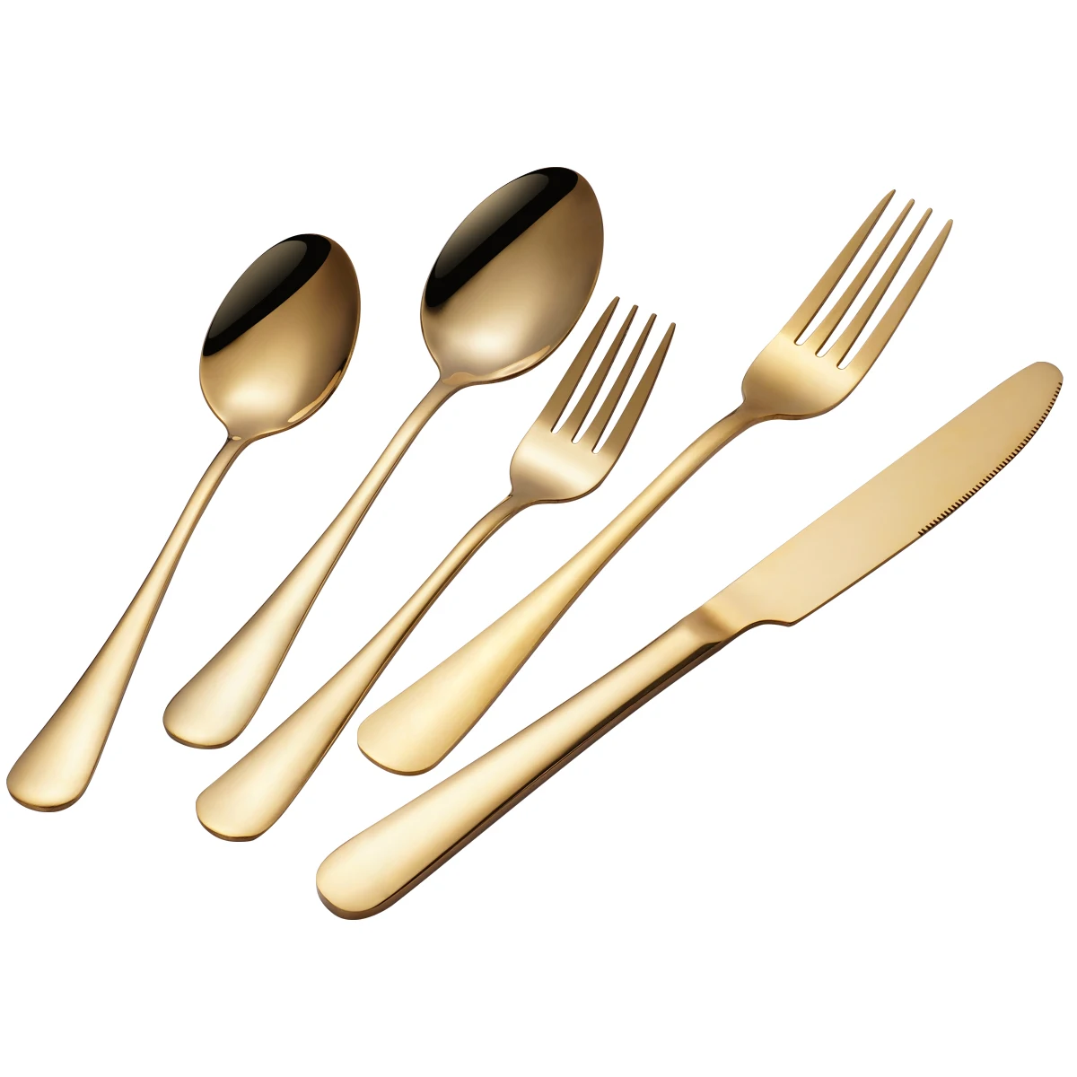 

Kitchen Wedding Reusable Mirror Polish 5 Pcs Stainless Steel Gold Cutlery Silverware Knife Spoon Fork Flatware Set, Silver, gold, rose gold, colorful, black, customizable