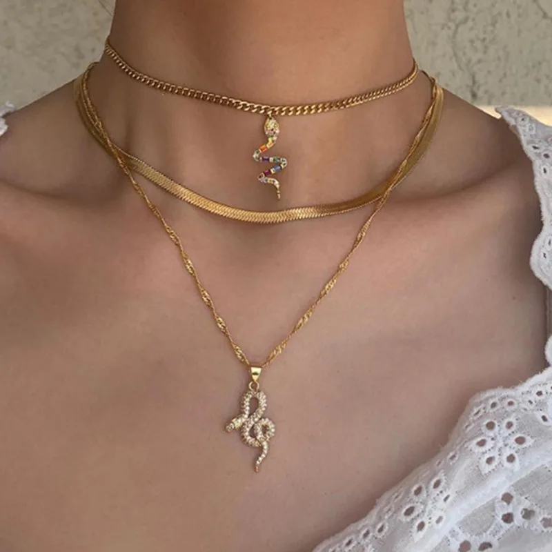 

2021 fashion three layered gold plated snake necklace crystal