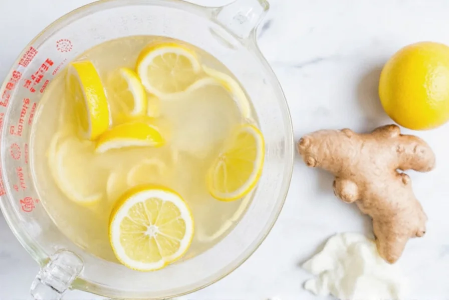 Homemade ginger ale preparation showing fresh ginger, lemon, and natural fermentation process