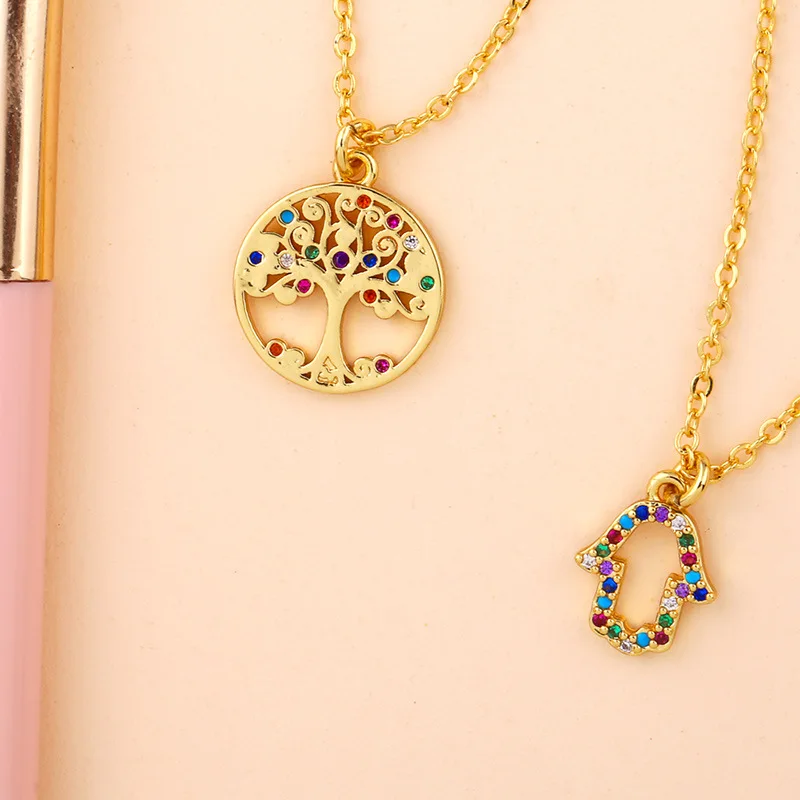 Custom Copper Rainbow Zircon Necklace Fatima Hamsa Hand Tree of Life Pendant Necklace