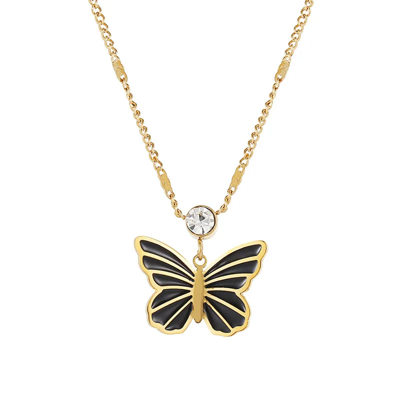 

2022 New Arrival black enamel butterfly necklace for women stainless steel 18K Gold plated butterfly cuban necklace