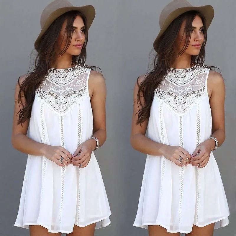 

WW-1220 Chiffon Stitching Lace Collar Sleeveless Dresses White Chiffon Dress Women Bodycon, Customized color