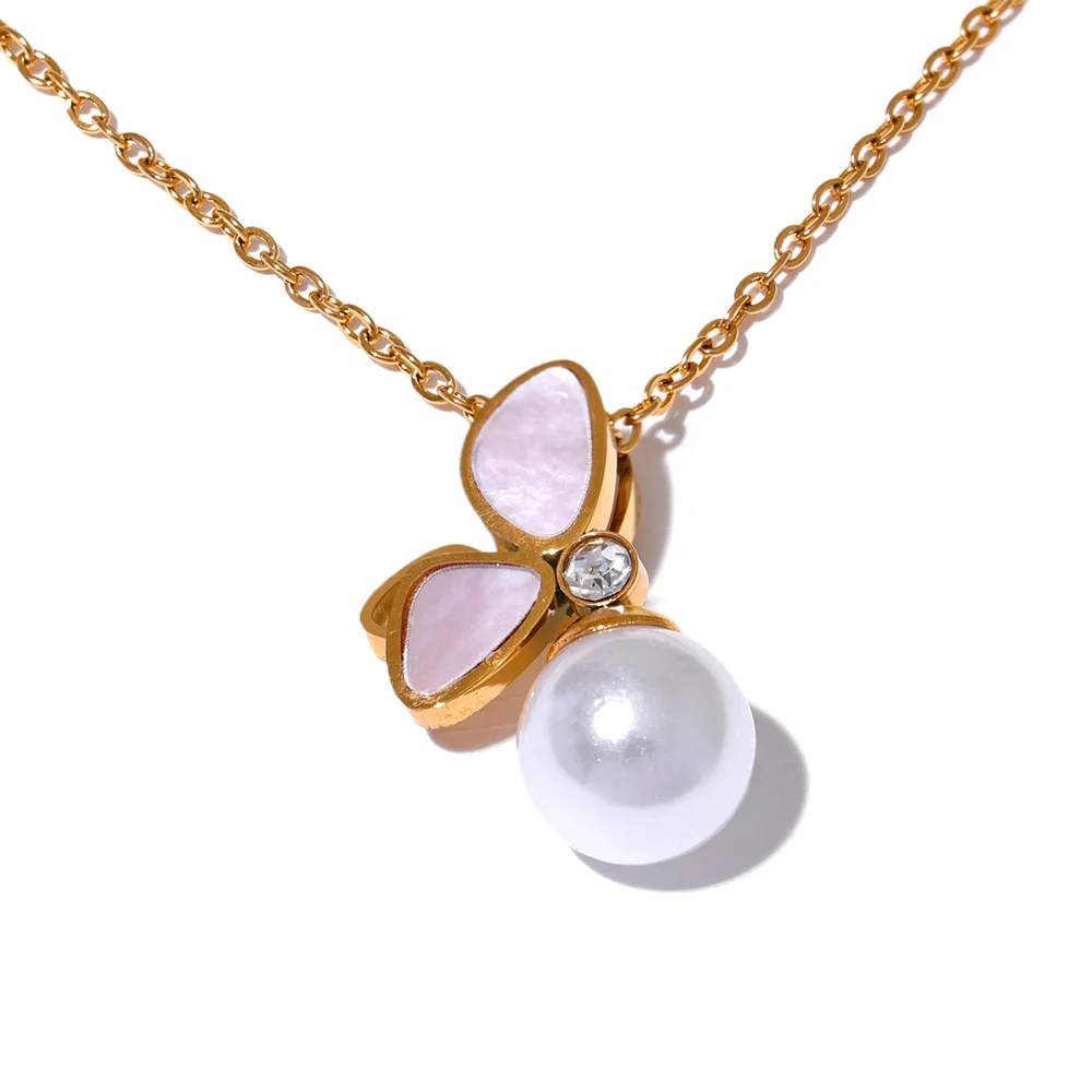 

JINYOU 2716 Exquisite Natural Shell Butterfly Imitation Pearl Pendant Necklace Stainless Steel Korean Chic Fashion Daily Jewelry