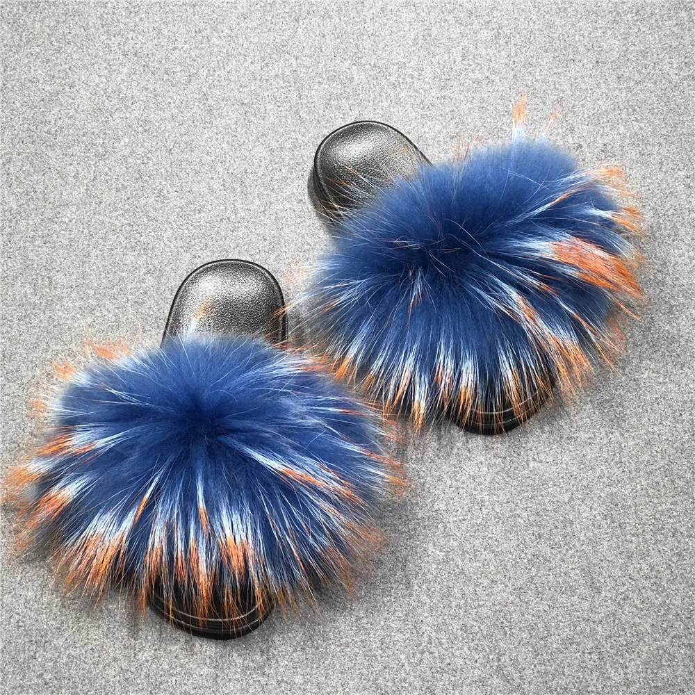 

Wholesale Summer Fashion Women Real Fox Fur Soft Colorful Ladies Slippers And Sandals