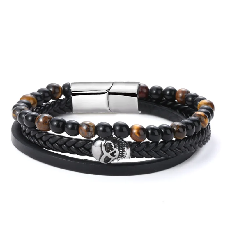 

2021 Amazon hot Handmade Woven Skull Leather Bracelet Multilayer Lava Rock Volcanic Stone Bracelet For Men Gift