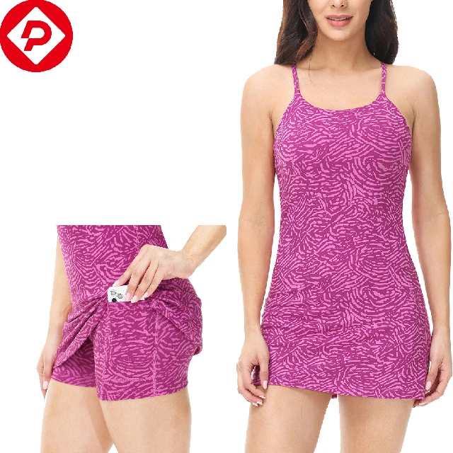 

One Piece Women Tennis Golf Skirts Yoga Dance Backless Double Layer Pocket Tennis Dress with Shorts
