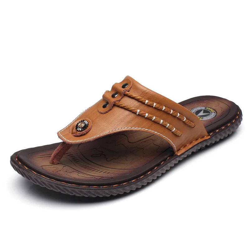 

Custom Logo Second Layer Cowhide Men's Home Slipper Leather Flip Flops, Black,brown