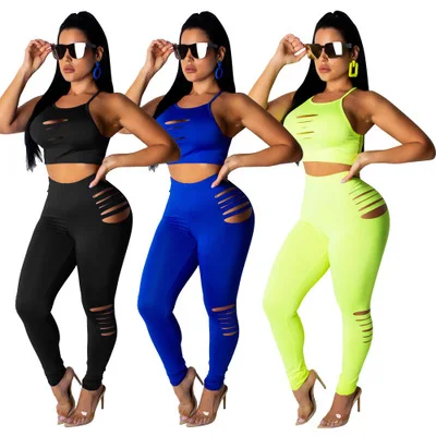 

B34873A 2020 Hot ladies sexy cut out fashion 2 pcs elastic bandage pants set, Shown