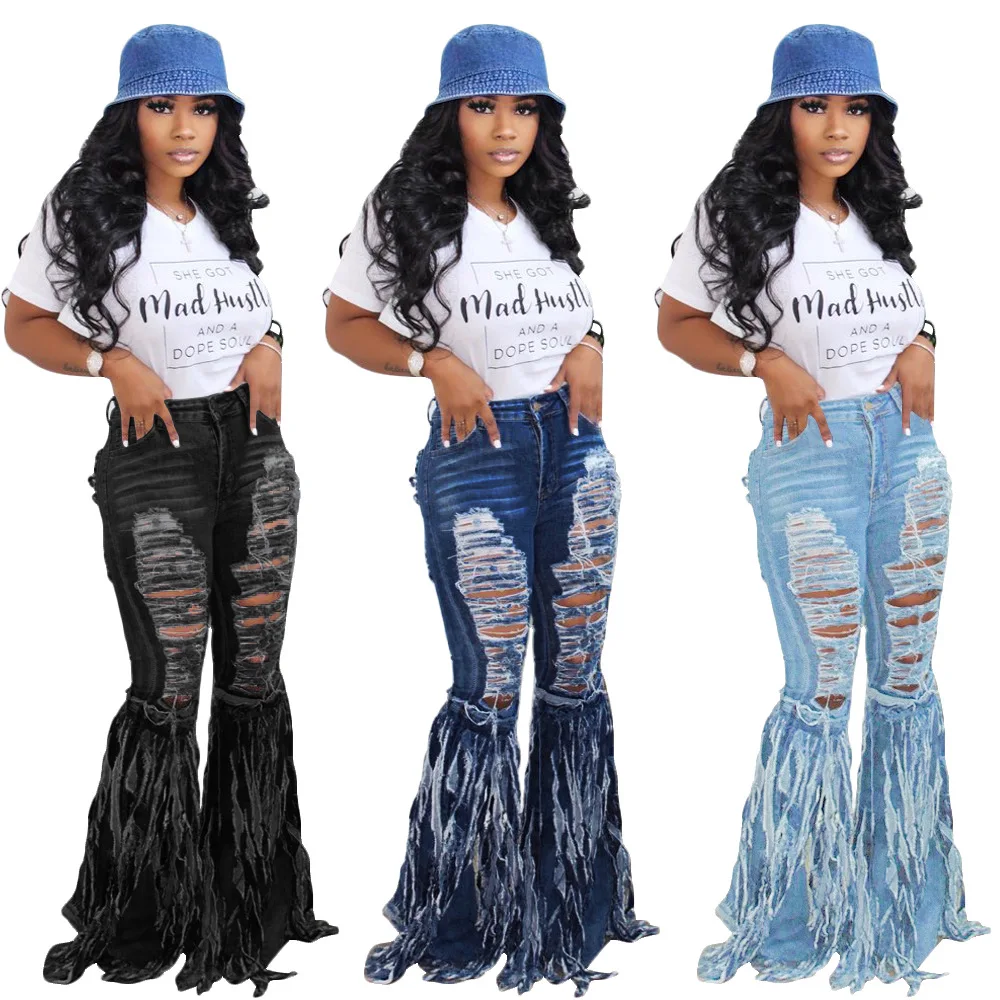 

2021 Personality Street Trend Wide Leg Ripped Horn Bell Bottom Denim blue Women's Jeans