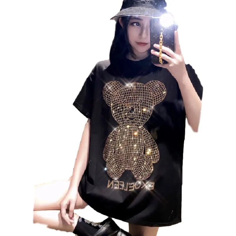 

Women Print letter Oversize Sequined Top Short Sleeve Bling Shiny Top Lady sparkling Hot drilling T Shirt graphic Tops for Woman