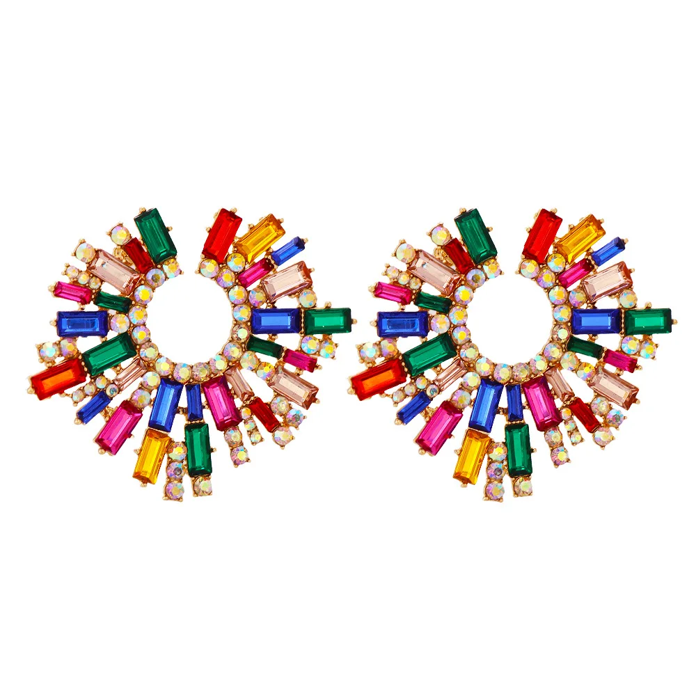 

Shiny Geometric Crystal Stud Earrings Vintage Colorful Rhinestone Sunflower Stud Earrings for Women