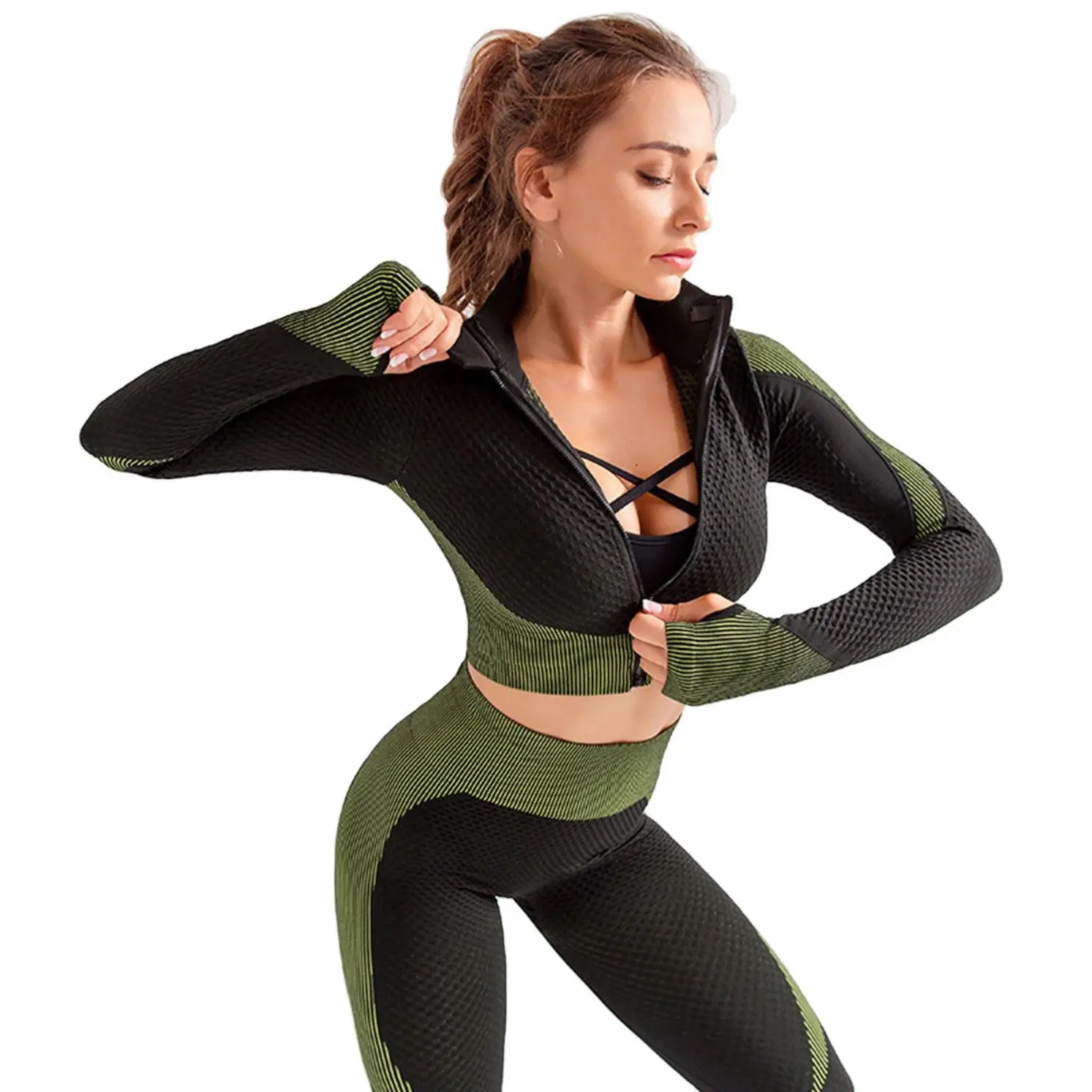 

Women's Workout Outfit 3 Pieces Tracksuit-Seamless Yoga Leggings and Stretch Sports Tops Gym Clothes Set