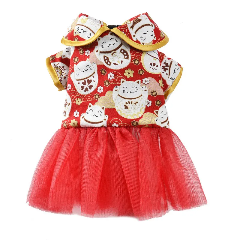 

Custom New Design Tang suit Pet Dog Dress Clothing Plutus Cat Printing, Red,