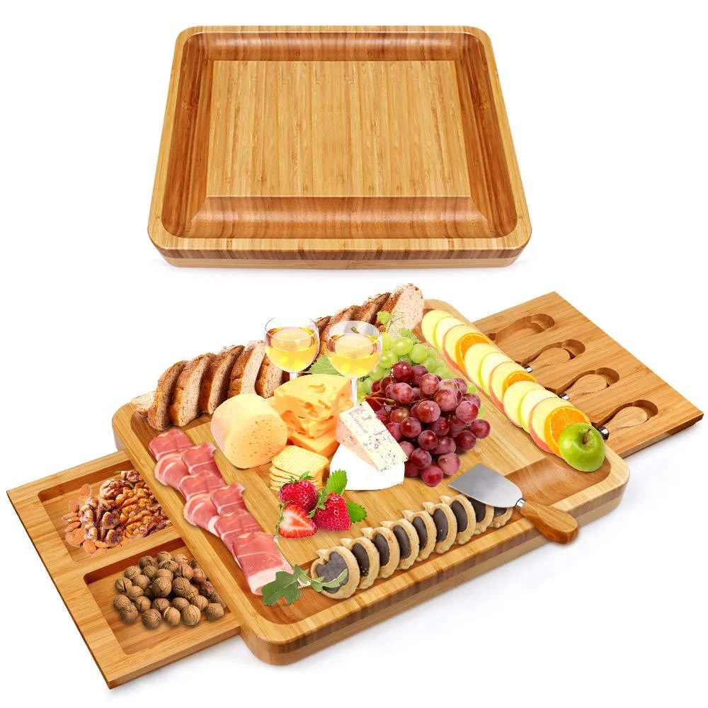 

New hot-selling bamboo double drawer cheese board set with cheese tools bamboo cheese board with cutlery, Natural