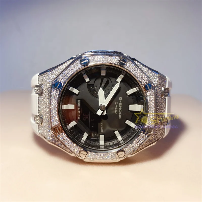 

Luxury iced out GA2100 stainless steel watch bezel CNC setting moissanite diamond watch case