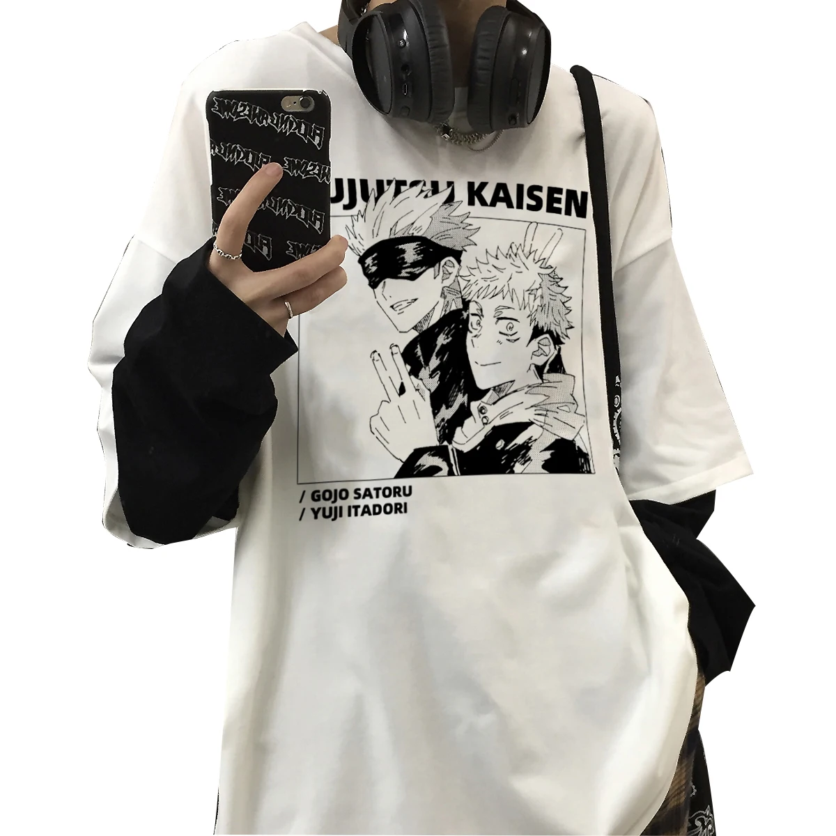 

Harajuku Jujutsu Kaisen Anime Funny Print Streetwear Yuji Itadori Cool Unisex Mens Fake Two Long Sleeve T-shirts Winter OEM, Customized color