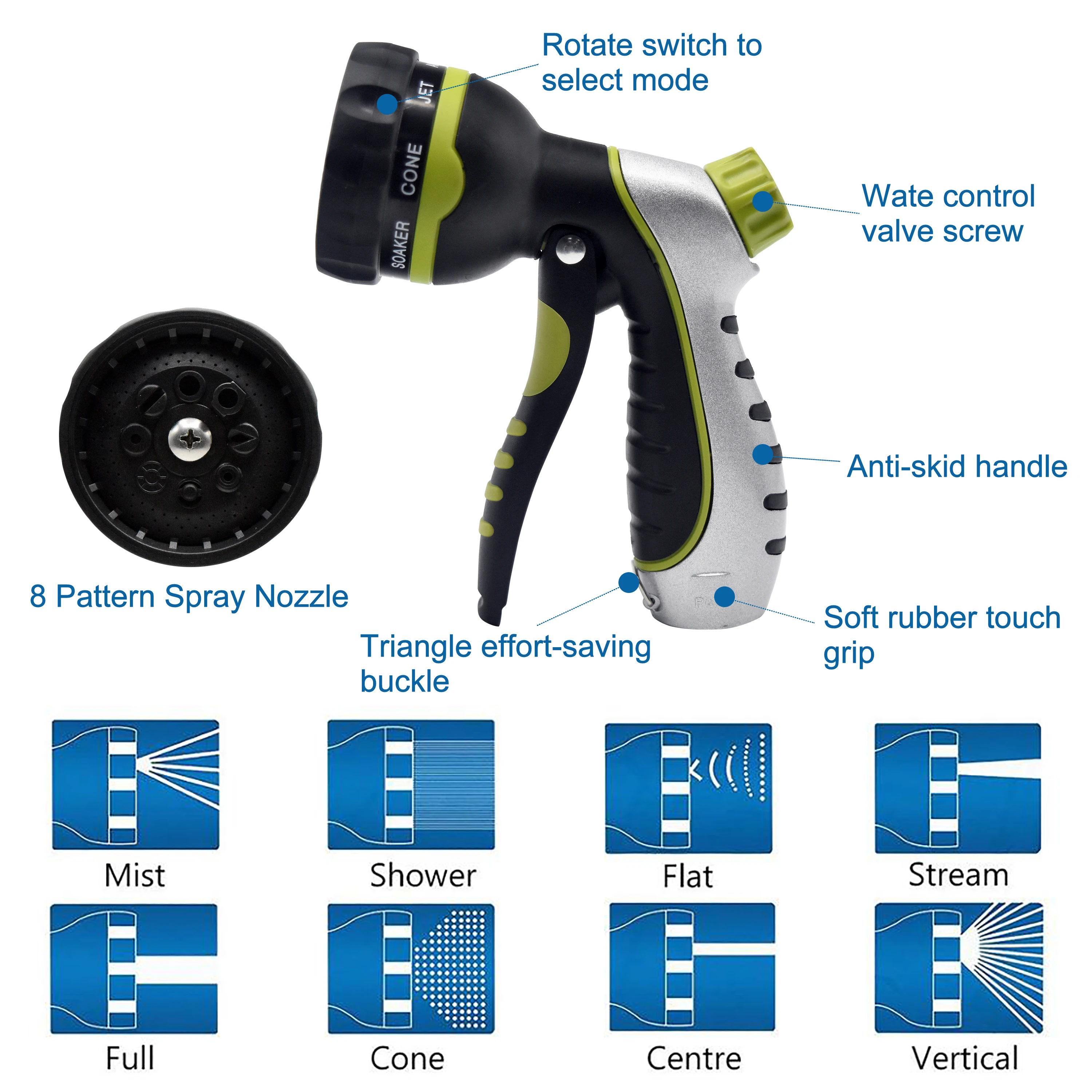 
Good Quality Adjustable Garden Water Gun 8 Pattern Garden Hose Spray Nozzle 
