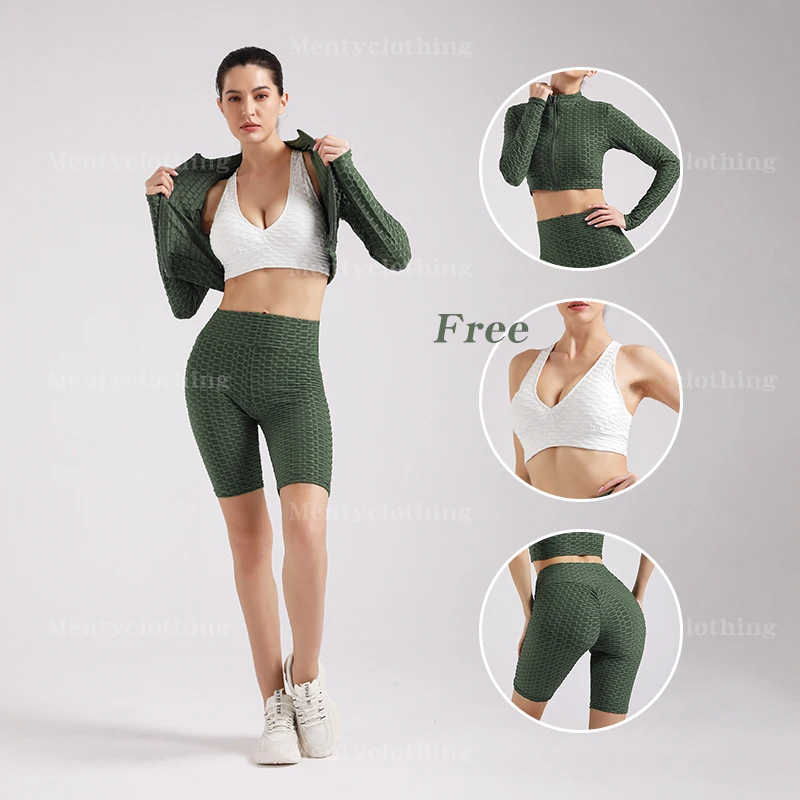 

Women traning wear solid color long sleeve zipper short bubble gym 2 pcs yoga sets sports jacket gym fitness sets, Customized colors