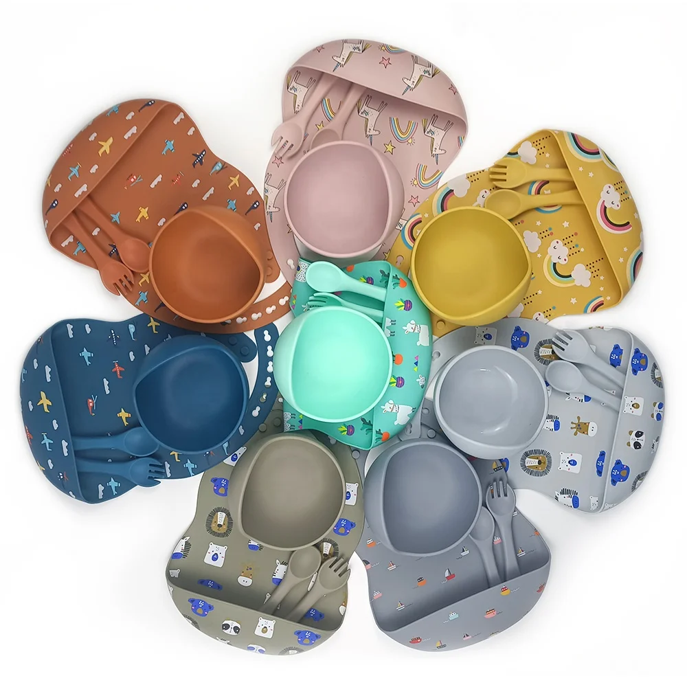 

OEM Custom Print Baberos BPA Free Waterproof Silicone Baby Bib With Food Catcher Set Adjustable Unisex For Baby Boy Or Girl, Customized color