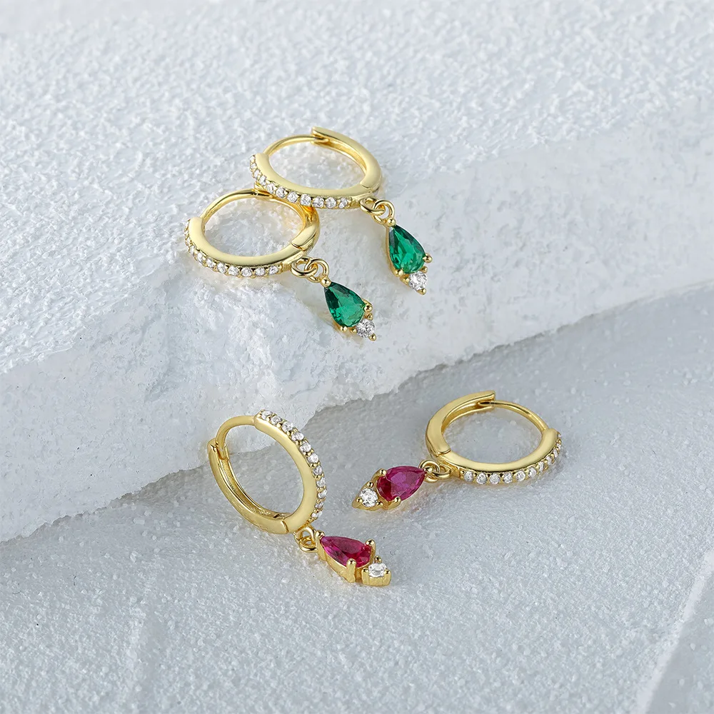 Fashion Jewelry 925 Sterling Silver Earring Colored Water Drop Diamond Green Rose Red Zircon Gold Plated Hoop Earrings for Women