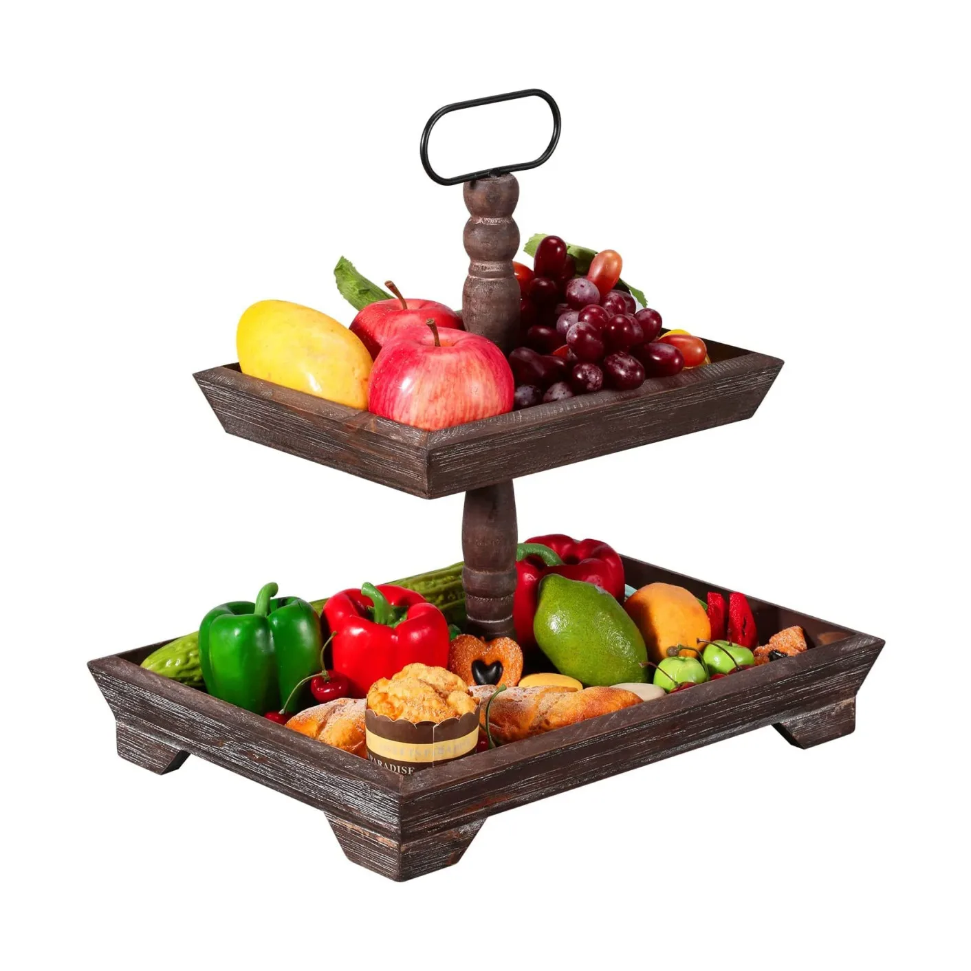 

home kitchen decorative food fruits candy dessert cake farmhouse rustic rectangular wooden 2 tier tiered wood serving tray