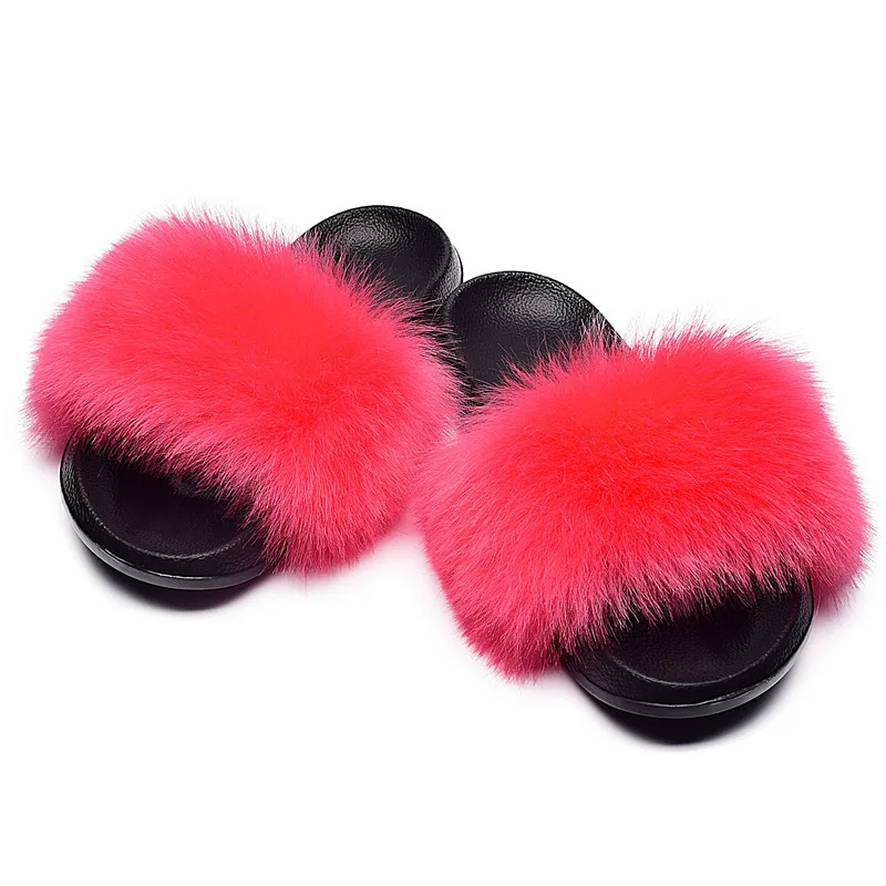 

High Quality Imitation Raccoon Girls Fur Slippers Adults Furry Slippers Faux Fox Fur Slides Fashion Fur Flops For Women, Picture