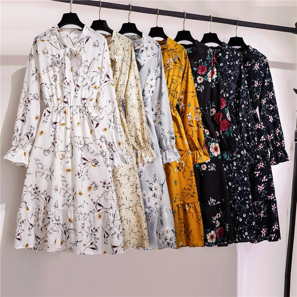 

YISHEN Vintage Floral Printing Chiffon Dress Summer Women Long Sleeved Dress Retro Collar Casual Loose Dresses