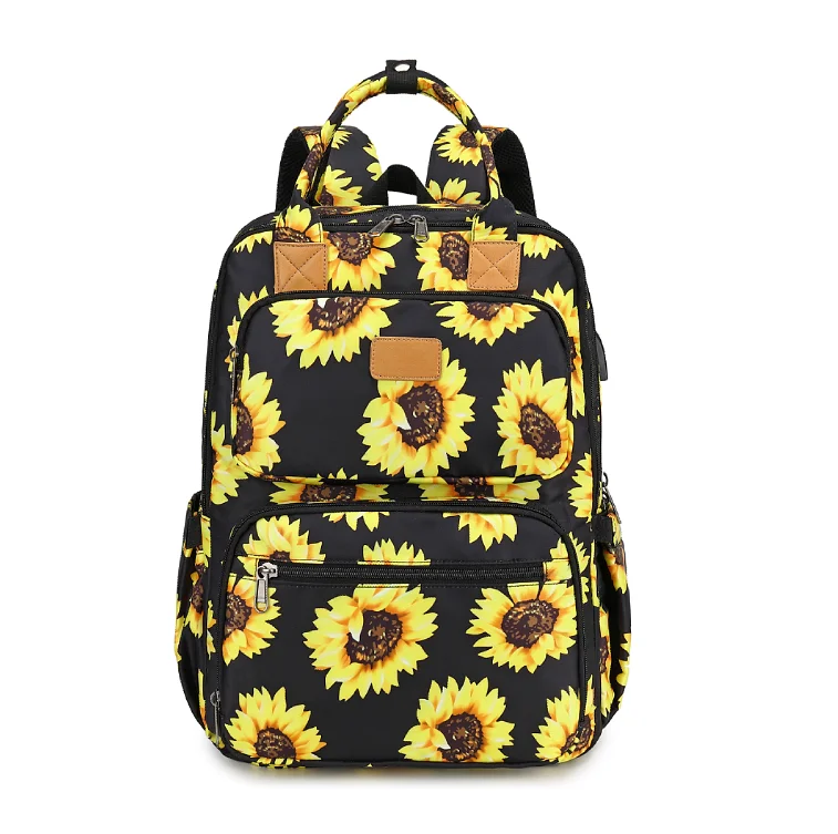 

Explosive sunflower pattern USB laptop large capacity backpack school bag mountaineering rucksack backpack, Black