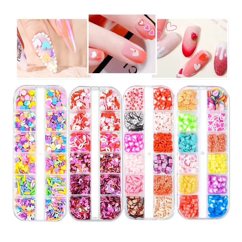 

Heart nail art design resin valentine nail sticker polymer clay sequin 3D diy clay slices glitter Nail decoration accessories, Color