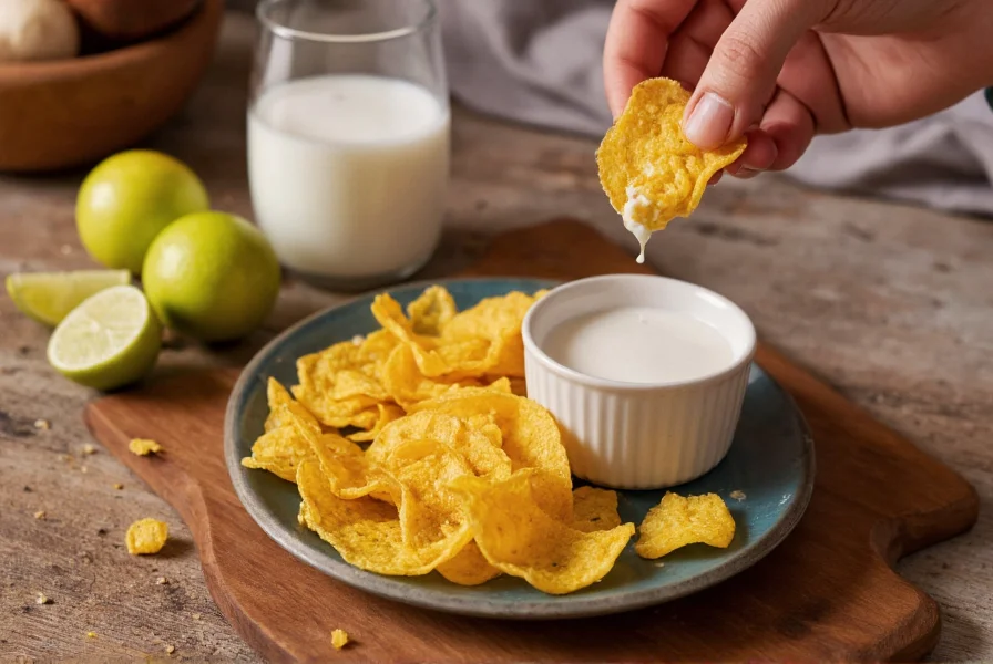 Person carefully eating a ghost pepper chip with milk and lime slices as accompaniments on rustic background
