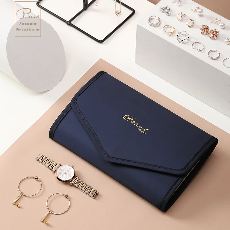 

custom logo Jewelry Organizer Roll Foldable Jewelry packaging bag for Journey Rings Necklaces Accessories Storage Bag, Dark blue