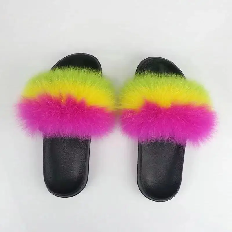 

100% Fox fur slippers fashion cute Plush flat women's slippers