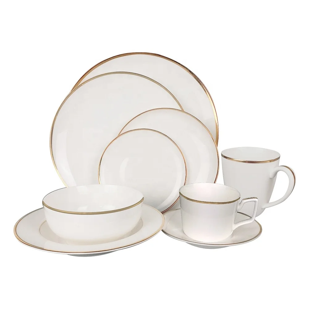 

52pcs bone china dinnerware sets White Ceramic Dinner Plate Set Gold Rim Wedding Restaurant Dinnerware