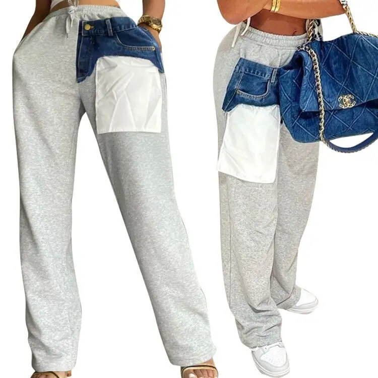 

2021 Amazon hot sale High Waist Drawstring Elasic Waistband Loose Jogging Pant Wide Leg Women Sweat Pants With Denim Pockets, Picture