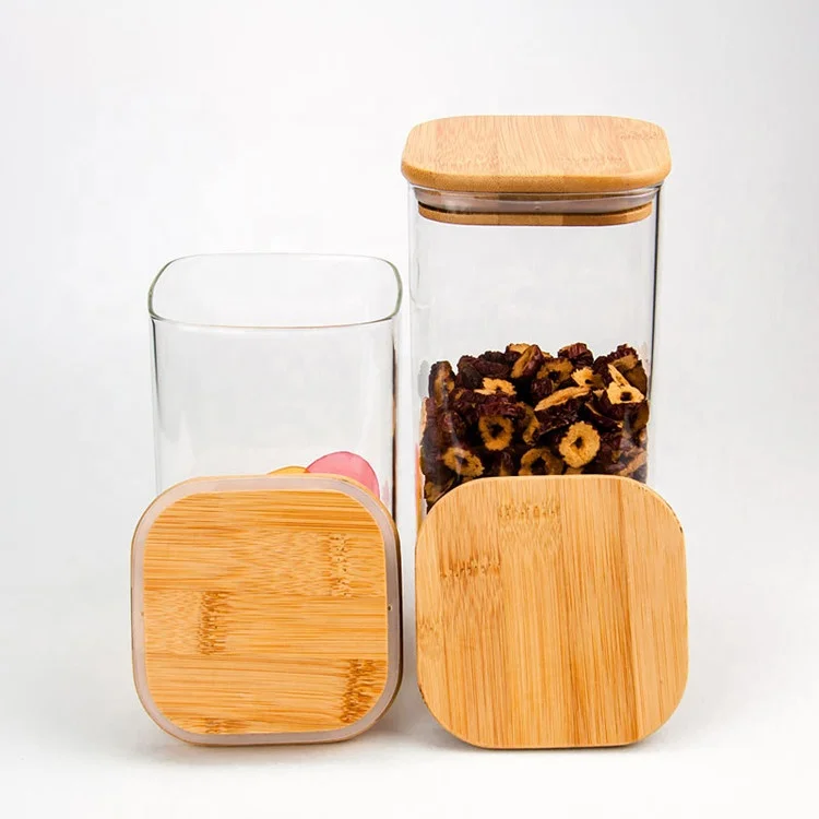 

Square borosilicate glass storage jar with bamboo wooden lid, Transparent clear