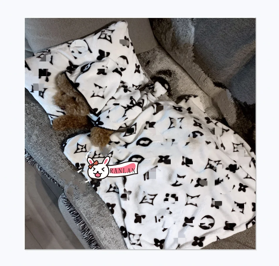

Cute Pet Luxury Brand Logo Design Printed Pet Bathrobe Pillow and Blanket Dog Sleeping Set, As pictures