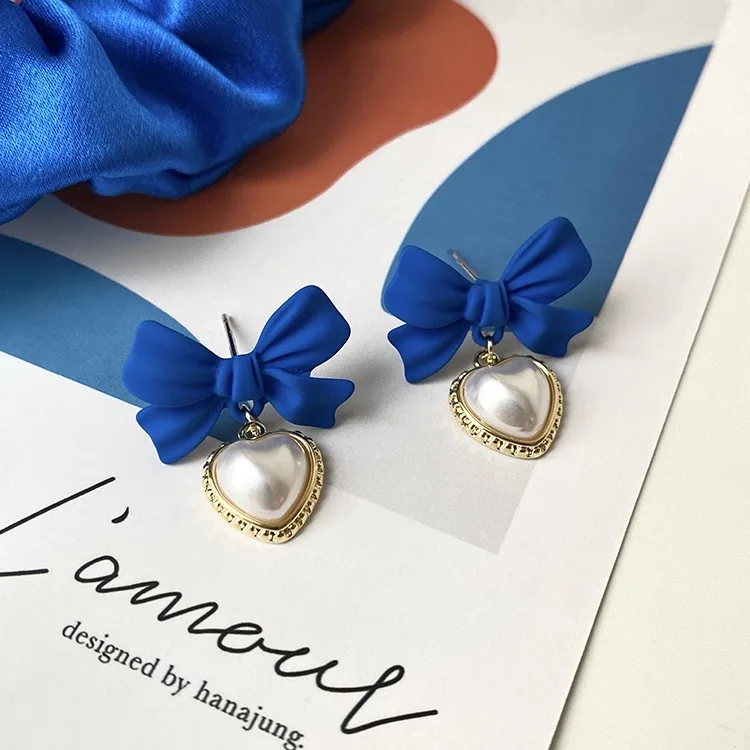 

Vershal A831 Korean Design 18k Gold Plated Klein Blue Bow Earrings Heart Dangle Stud Earrings