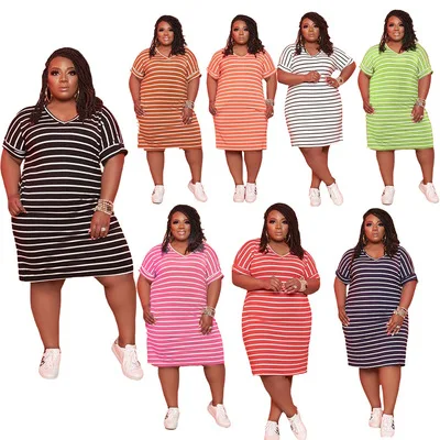 

Hot Sale Plus Size Women Loose Casual Dress V-neck Short Sleeve Striped Maxi Dress L-5XL Lounge wear, Picture color