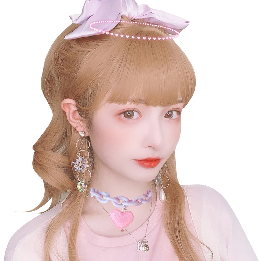 

Tea Golden Long Curly Hair Wig Natural Daily Lolita Sweet Cute Fluffy Grooming Face Harajuku Girls Cosplay Party Wigs, Pic showed