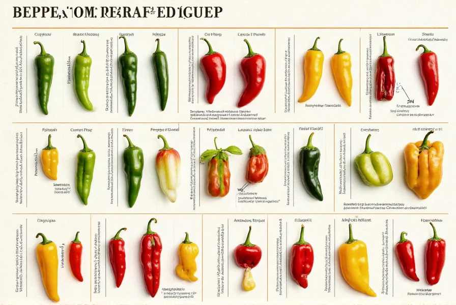 Detailed visual pepper identification chart showing multiple pepper varieties with labeled characteristics for accurate identification