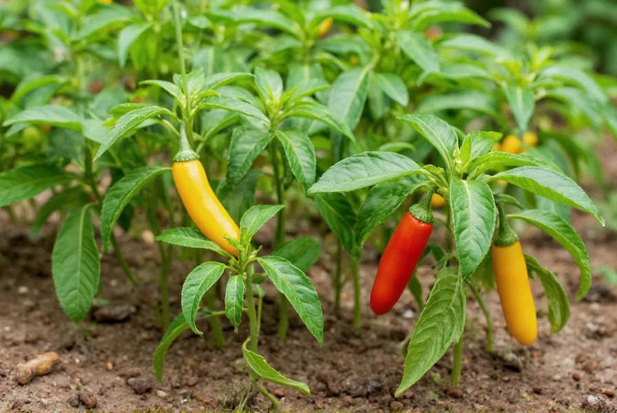 Home garden showing bell pepper plants growing in soil with ripe yellow and red peppers visible
