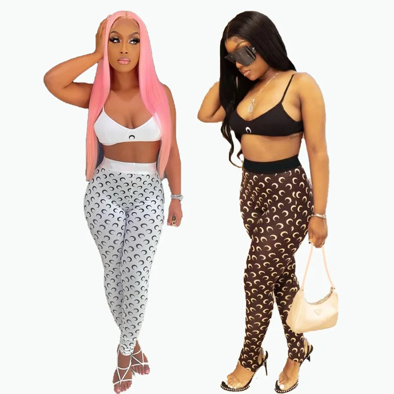 

Summer Casual Print Sleeveless Crop Top with High Waist Long Pants Two Piece Fashion Tracksuits Stretch Slim Sports 2pcs Set