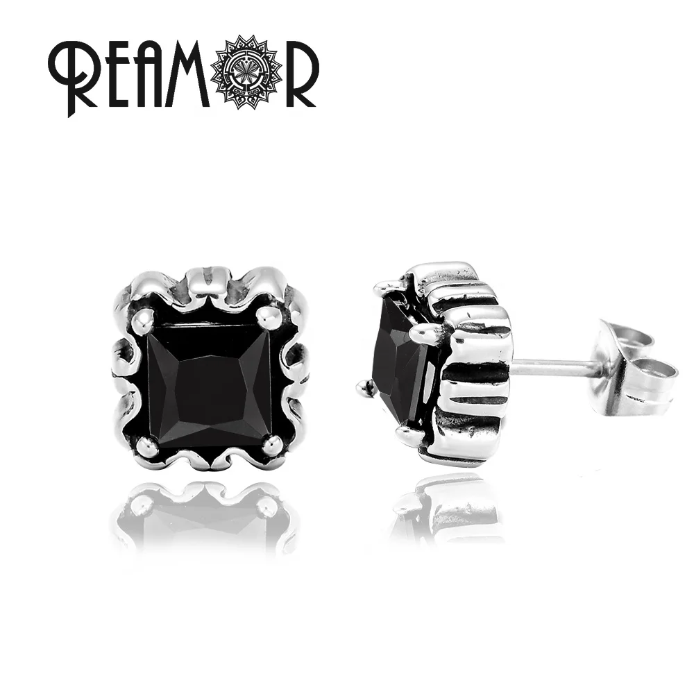 

REAMOR Women Square Wave Shape with Black Zircon Paved Ear Custom Jewelry Small Stud Piercing Earrings Findings for Women Girl, Silver color