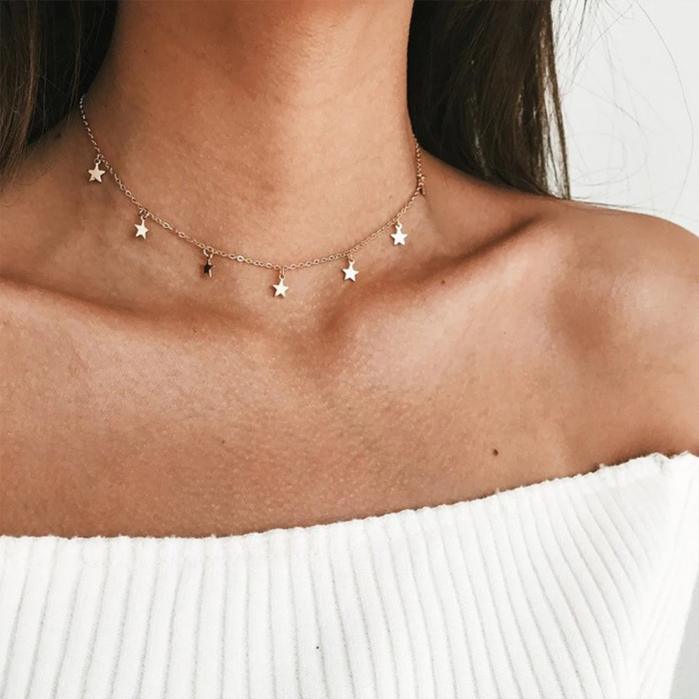 EManco Lucky Star Tassels Choker Necklace Gold Stainless Steel Chain Statement Jewelry for Women Girls