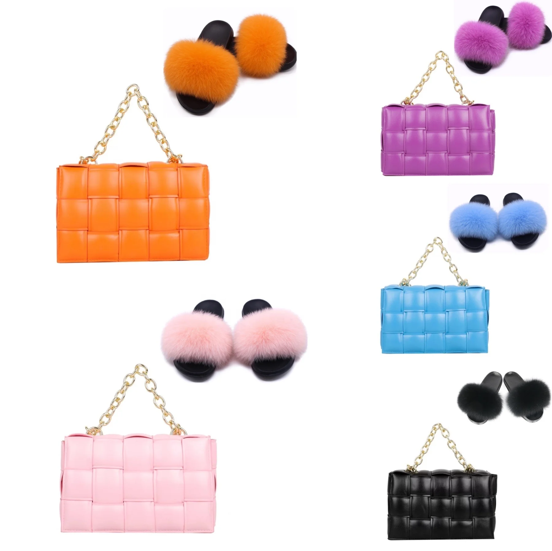 

2021 New Arrivals High Quality Bamboo weave Women Chain Bag Purses For Women Handbag and fur slides sandals slippers shoes set