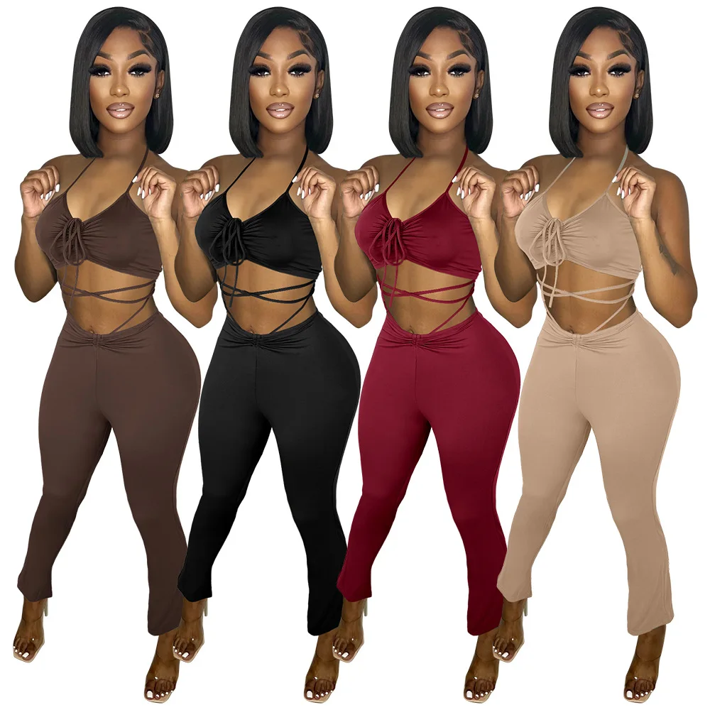 

2022 New Fashion Sexy Backless Cop Top 2 Piece Set Summer Women Clothes Solid Halter Bra And Flare Pants Set