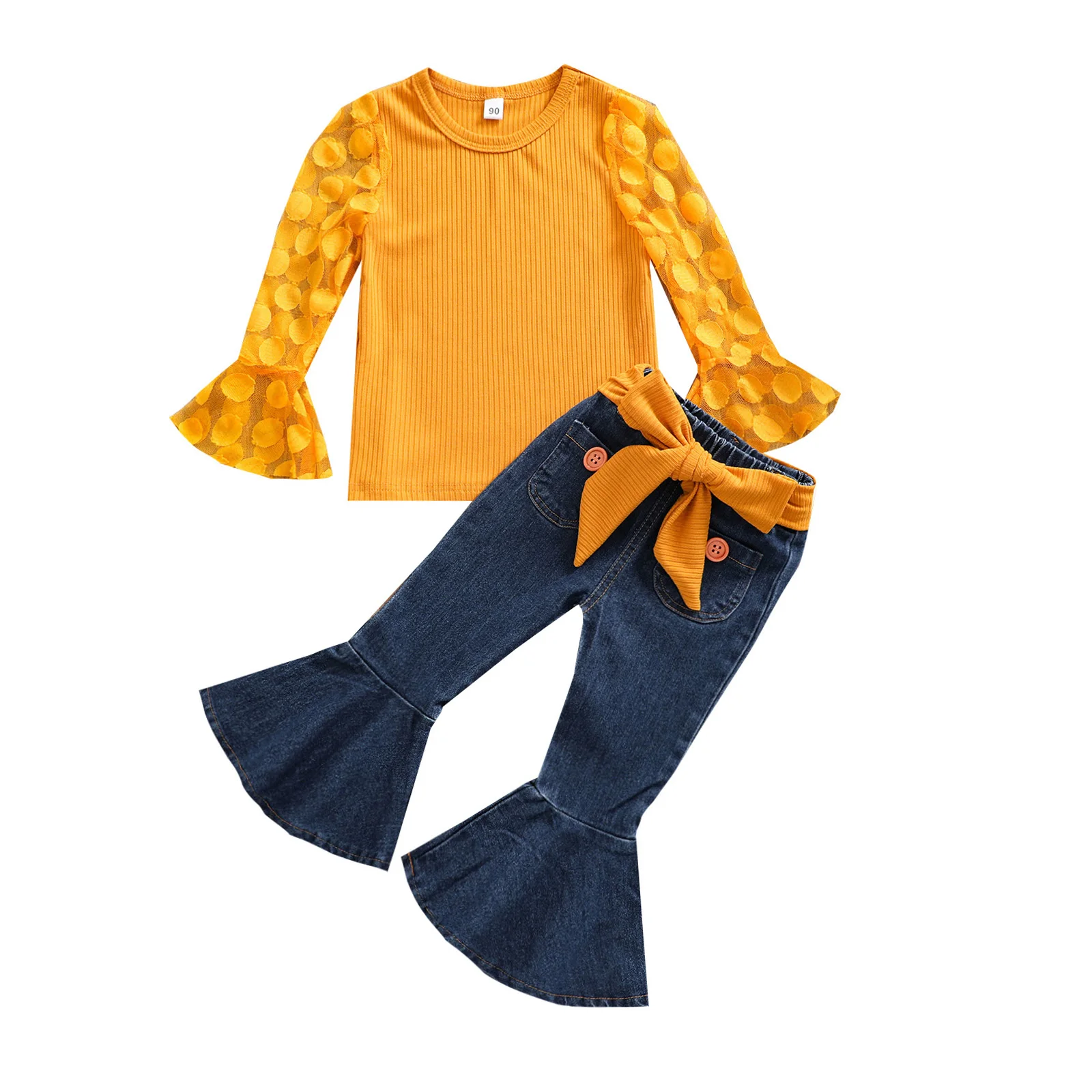 

wholesale toddlers kids clothes set for girls yellow lace shirt ruffled jeans pant, Denim