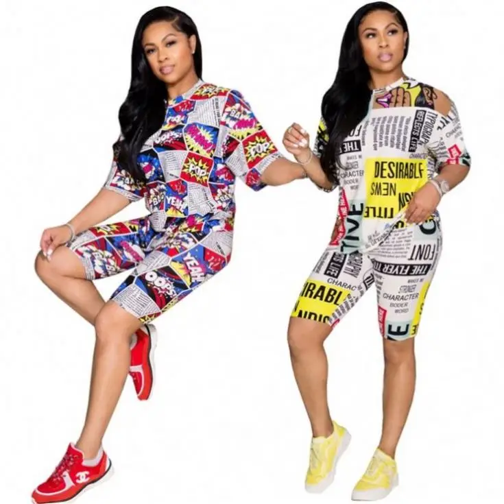 

Ckfashion Latest Design Newspaper Printed Two Piece Shorts Set Women Clothing 2021 Summer Women Two Pieces