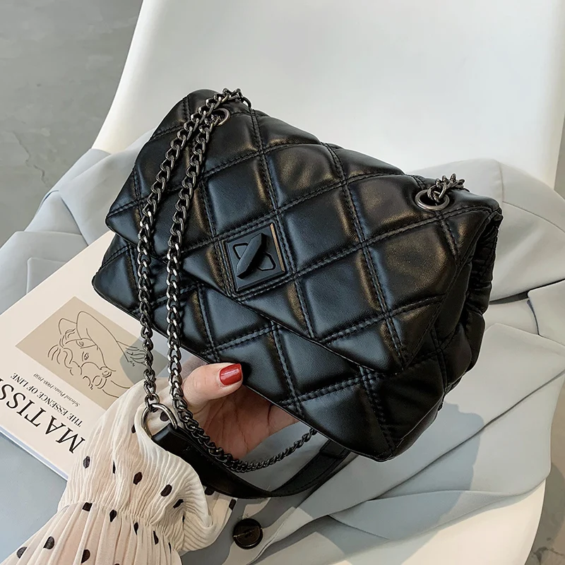 

Fashion Thread PU Leather Crossbody Bags for Women 2021 Luxury Branded Trending Chain Shoulder Handbags