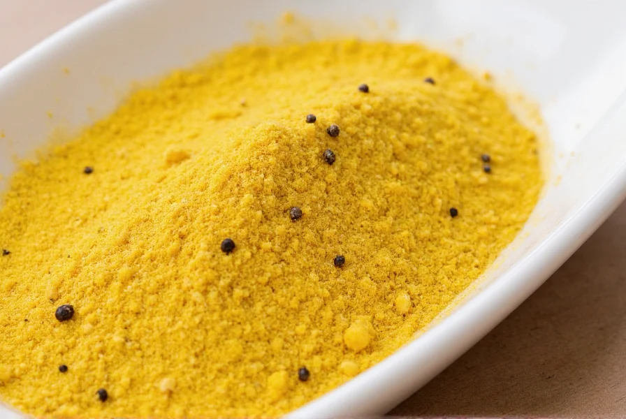 Close-up of lemon pepper powder showing golden yellow seasoning with visible black pepper flakes on white ceramic dish